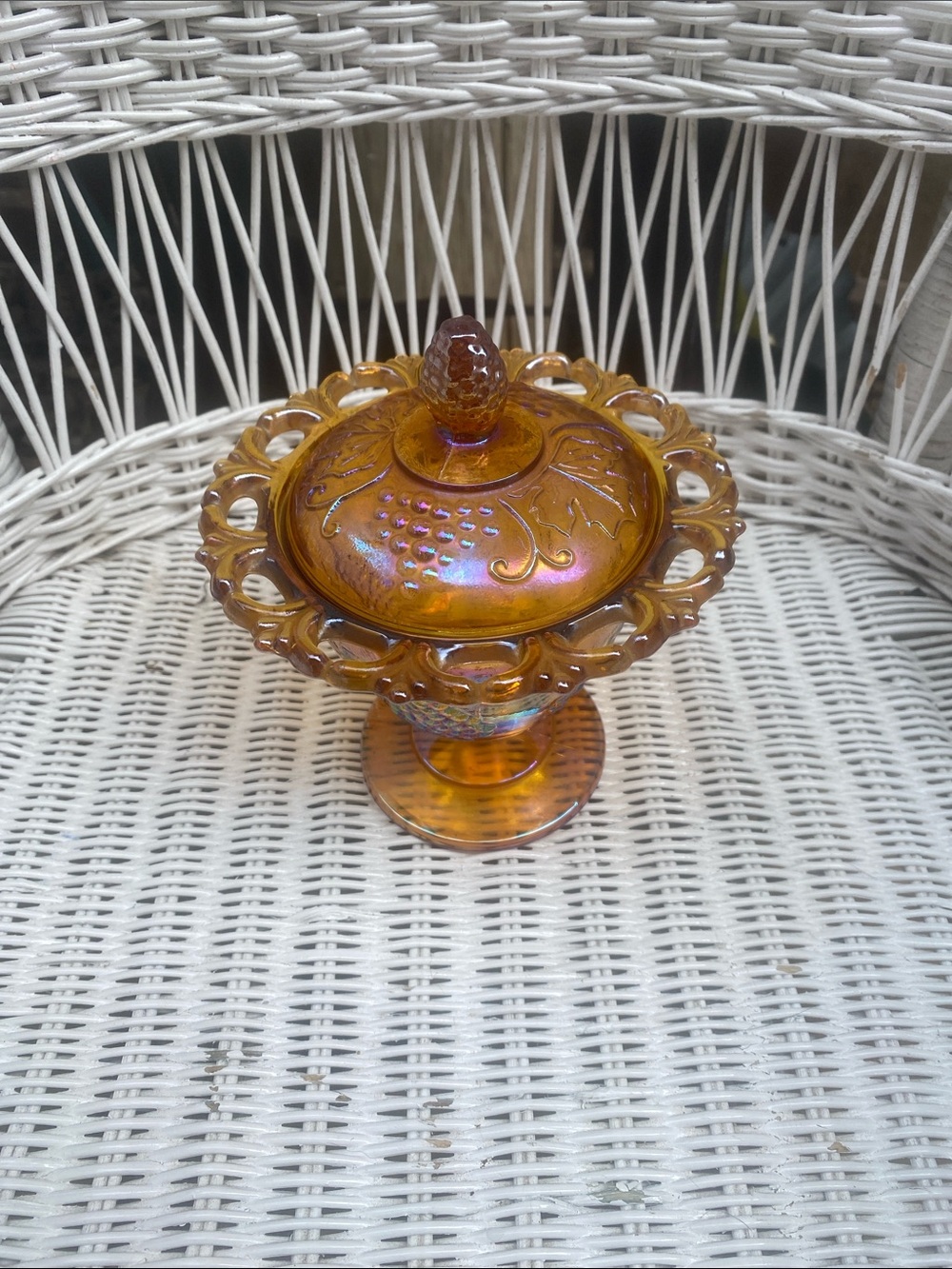 Vintage Indiana Glass Company marigold carnival glass candy dish.